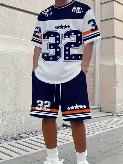 2pcs Set Men's Oversized Number 32 Jersey-like Matching Tunic & Athletic Shorts - Breathable White & Navy Blue with Orange Stripe Design, Number 32 Print, Drawstring Waist Casual & Sports Wear - Gym,, Birthday Party Outfit -