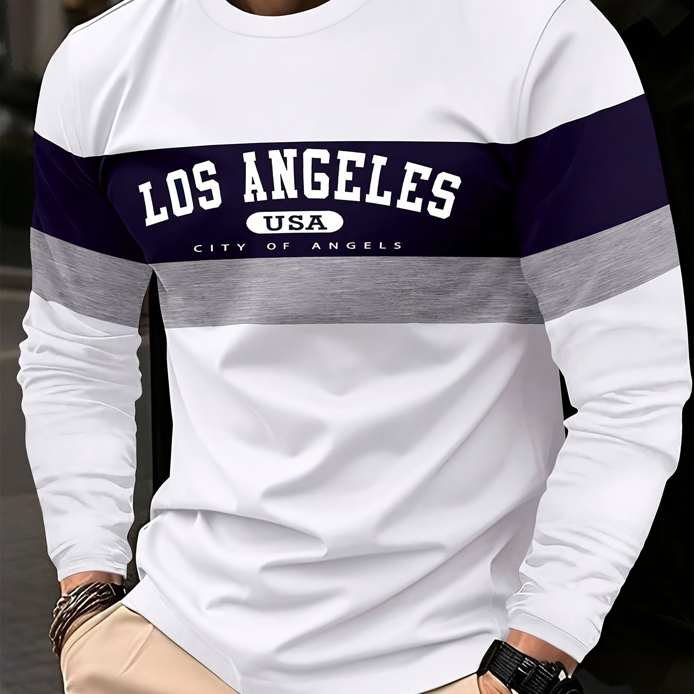 Men's LOS ANGELES Print Tee, Long Sleeve, Relaxed Fit, Perfect For Spring And Fall