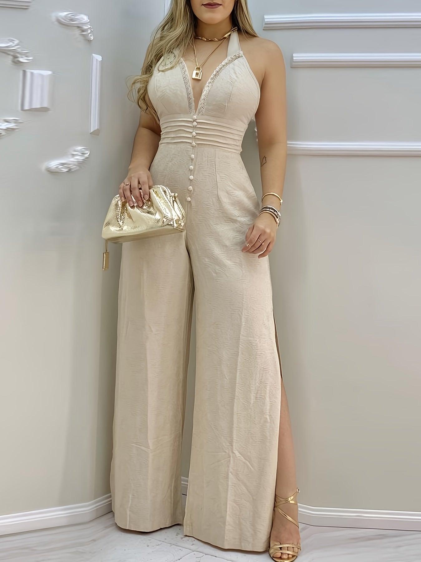 2025 Summer French-Inspired Halter Neck Lace Trim Open Back Jumpsuit with Side Slit - Sexy Elegant Solid Color Women'S Jumpsuit for Daily Commute & Parties, Party Attire, Sophisticated Detailing