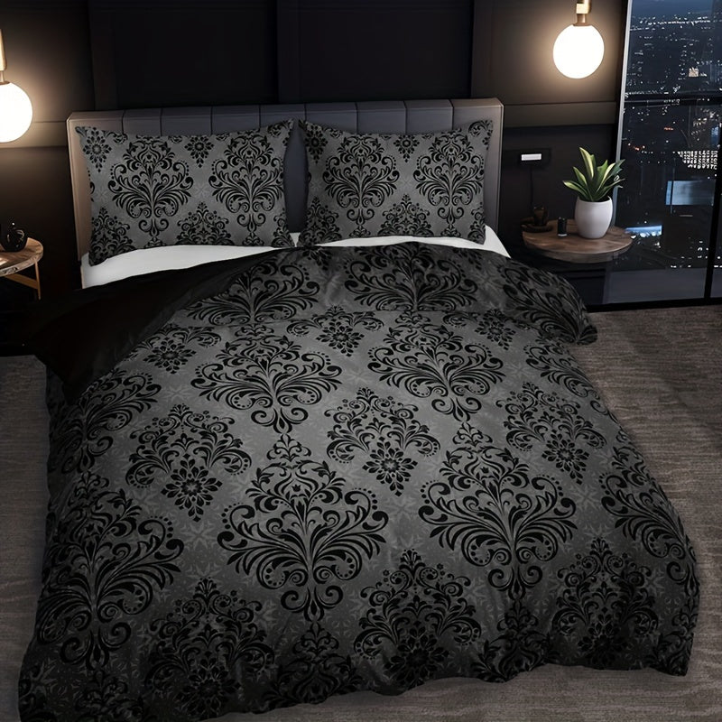 3pcs Black and Gray Floral Pattern Duvet Cover Set - 1 Duvet Cover + 2 Pillowcases, High-Definition Print, Polyester, All-Season Comfort, Machine Washable, Ideal for Home and Dorm Use, Dorm Room Essentials|Floral Pattern Bedd