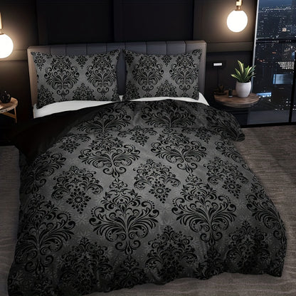3pcs Black and Gray Floral Pattern Duvet Cover Set - 1 Duvet Cover + 2 Pillowcases, High-Definition Print, Polyester, All-Season Comfort, Machine Washable, Ideal for Home and Dorm Use, Dorm Room Essentials|Floral Pattern Bedd
