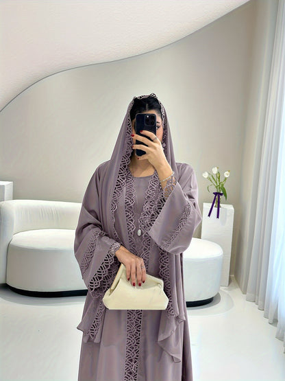 2pcs Set of Muslim Abaya with Lace Sleeveless Vest Skirt, Headscarf, and Headscarf, Ramadan Fashion