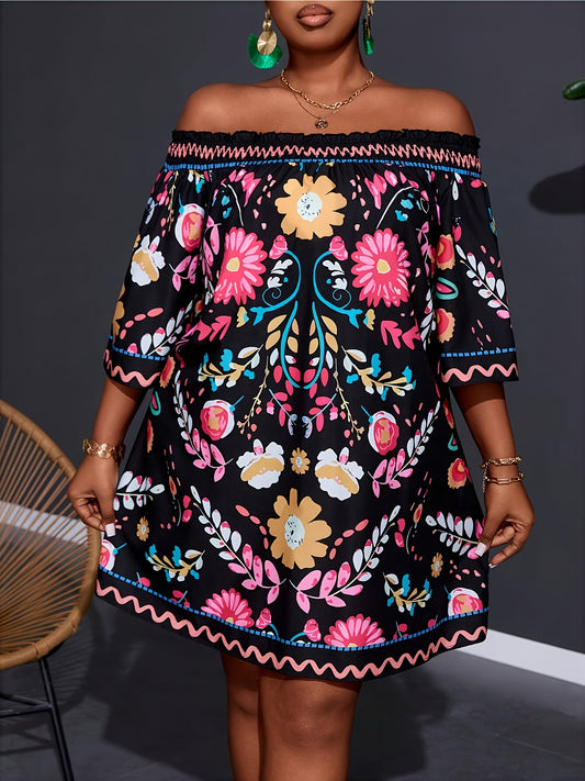 Women's Plus Size Off-Shoulder Floral Print Resort Dress - Knee-Length Short Sleeve A-Line Machine Washable Black with Pink Blue Yellow Flowers for Vacation & Casual Outings, Elegant Summer Outfit, Flowy Fabric Gown, Holiday