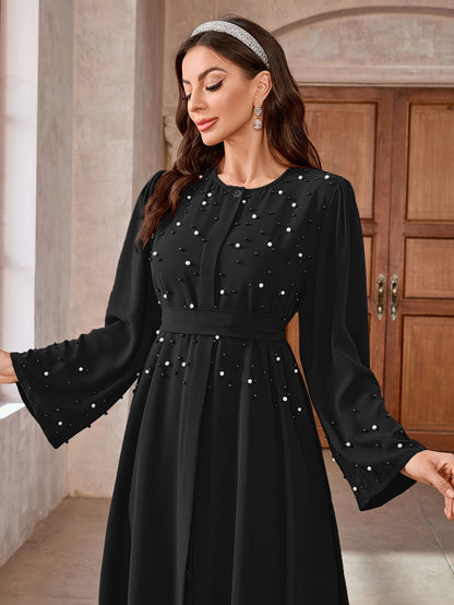 Elegant Navy Blue Abaya with Pearl Embellishments and Belt - Long Sleeve, Floor-Length Dress for Women, Perfect for Formal Occasions, Formal Attire|Elegant Abaya|Pearl Embellishments