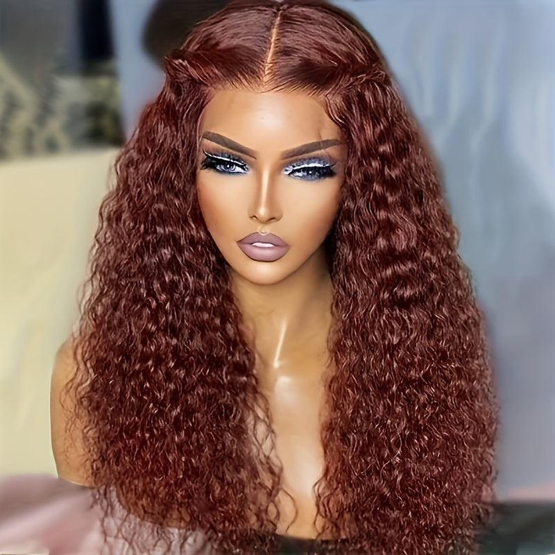 Reddish Brown Human Hair Water Weave Lace Front Wigs 13x4 HD Transparent Lace Frontal Wig #33 Colored Cooper Brown Curly Human Hair Wigs for Women Preplucked Hairline Remy Hair