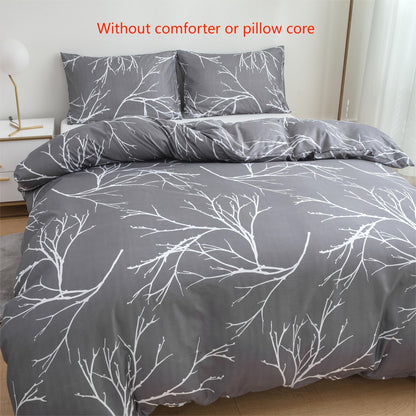 100% Polyester Printed Duvet Cover Set + Pillowcase 3pcs Set Lien White Branch Leaf Floral Print, 2*Pillowcases, 1*Duvet Cover, Unfilled, Grey Bedding, Ultra Soft Breathable Comfortable Polyester Material, Suitable for All Se