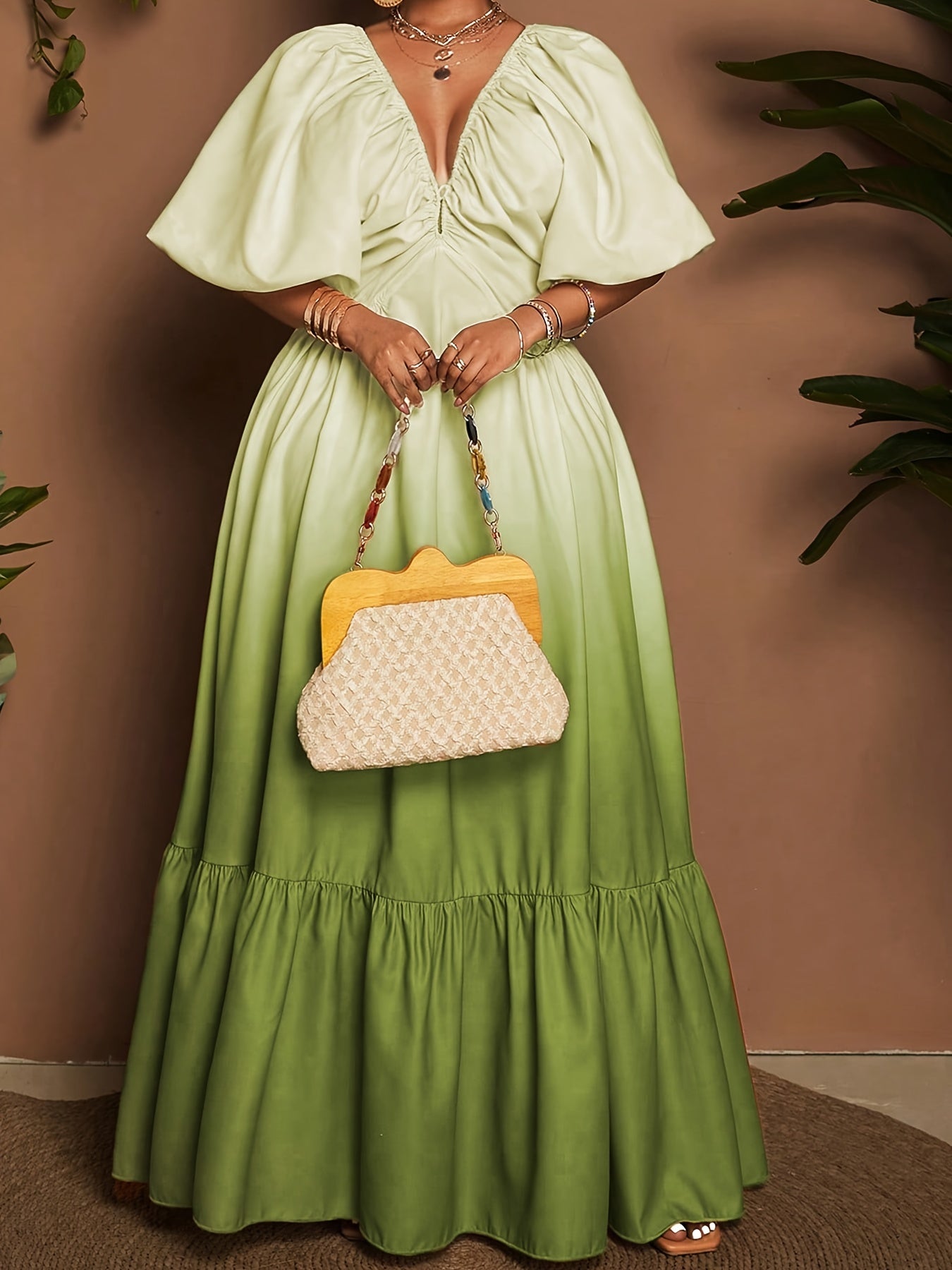 [Elegant Maxi Dress] Elegant Gradient Maxi Dress | Women's Deep V-Neck Lantern Sleeve A-Line Loose Fit with Zipper Back, Machine Washable for Vacation, Beach, Formal & Casual Occasions