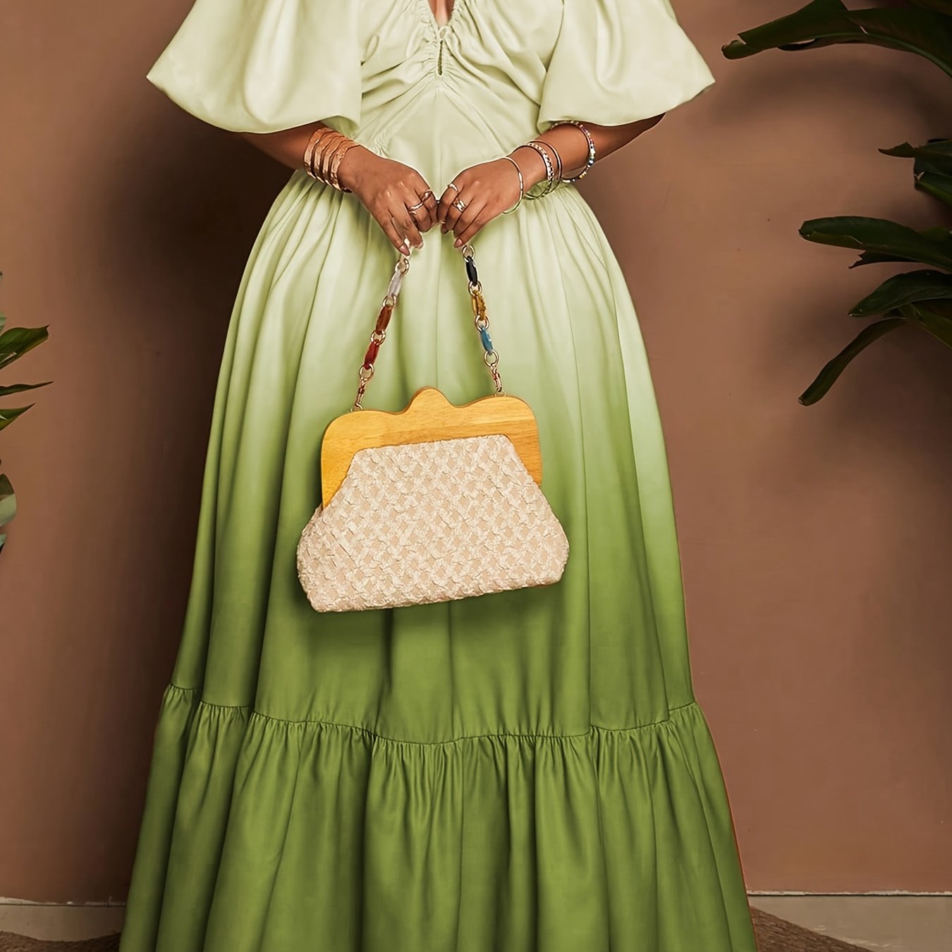 [Elegant Maxi Dress] Elegant Gradient Maxi Dress | Women's Deep V-Neck Lantern Sleeve A-Line Loose Fit with Zipper Back, Machine Washable for Vacation, Beach, Formal & Casual Occasions