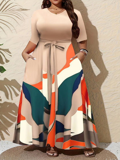 Plus Size Women'S Elegant V-Neck Dress with Contrast Print, 3/4 Sleeve Long Tunic Dress with Pockets and Adjustable Waist Belt - Perfect for Casual Outings, Spring/Summer/Fall, Casual Outing Attire|Vibrant Print Dress|Pockets