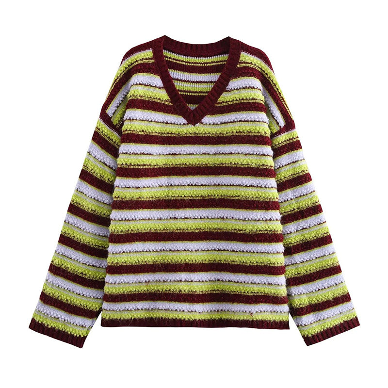 Retro loose lazy contrasting striped looped chicken neckline V-knit sweater