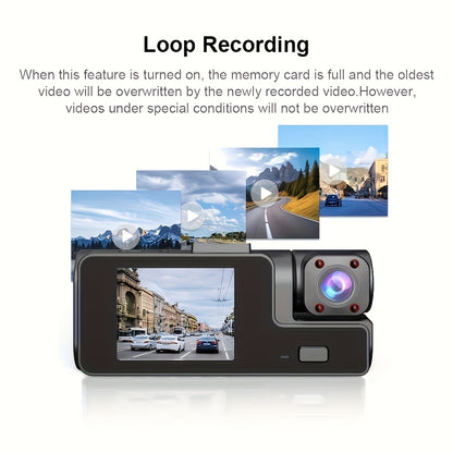 A Car Dash Cam with Memory Card Included, Optional Without Memory Card, 1080P Front Camera, 720P Rear Camera, Infrared Night Vision, Loop Recording