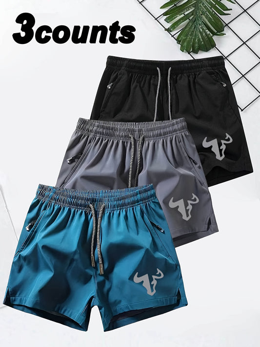 3pcs Men's Quick-Dry Athletic Shorts with Adjustable Drawstring Waist - Solid Color & Bull Logo Design for Training, Running, Beach - Lightweight Summer Workout Shorts (Black/Gray/Blue), Gym Shorts, Durable Sportswear