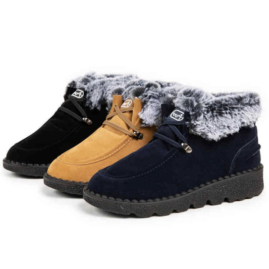 Flat bottomed snow boots for women with thick lace up fleece short boots