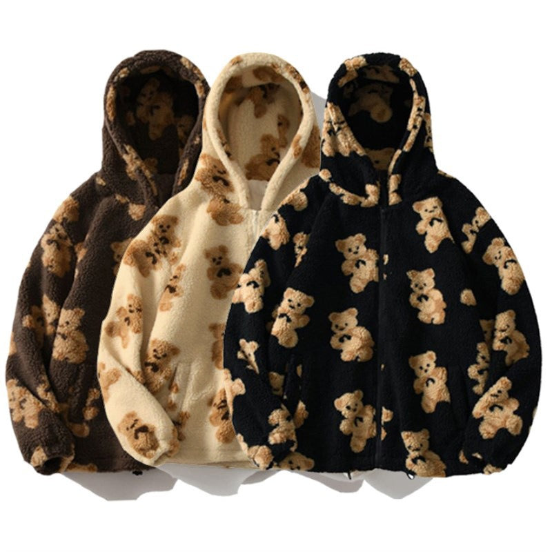 Autumn and Winter Women's Hooded Thickened Casual Sweater Cartoon Pattern Bear Zipper Pocket Plush Sweater