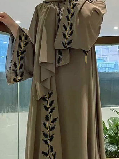 2pcs set of Middle Eastern clothing, fashionable street style, pink round collar embroidered long robe + headscarf