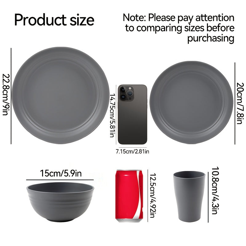 8/16pcs Grey Unbreakable High quality plastic Dinnerware Sets - Reusable, Lightweight, Microwave & Dishwasher Safe - 8pcs Plates, 4pcs Cups, 4pcs Bowls - for Camping, Picnics, RV, Dorm - Perfect Gift for Students & Outdoor En