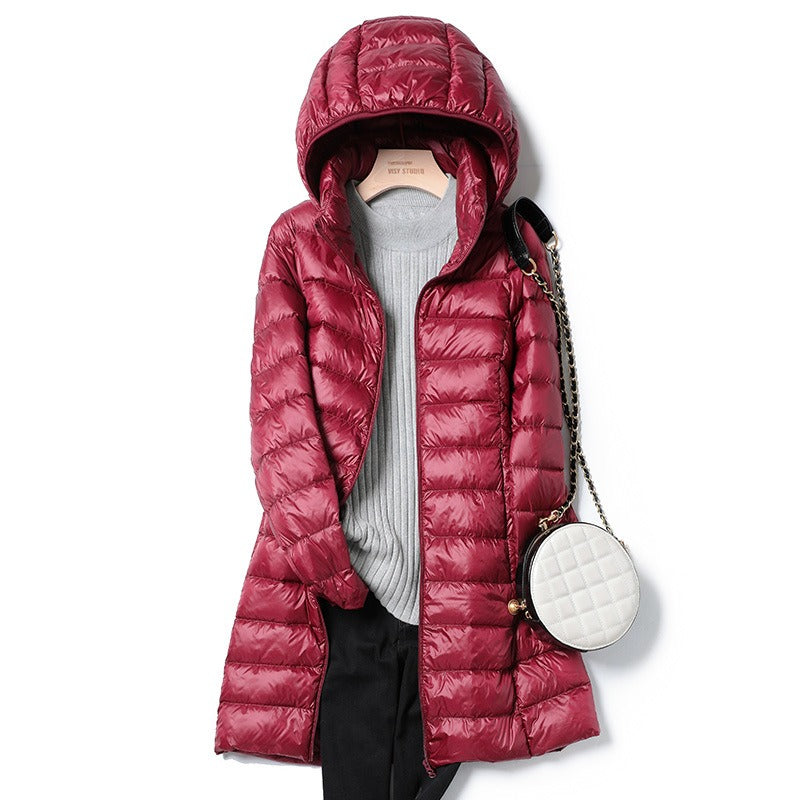 Lightweight and slim down jacket, women's mid length, hooded, oversized jacket with detachable hat