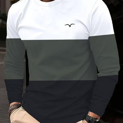 Men's Casual Color Block Long Sleeve T-Shirt, Crew Neck, Polyester Knit Fabric with Slight Stretch, Simple Random Print Design, Regular Fit Sports Base Layer Tops