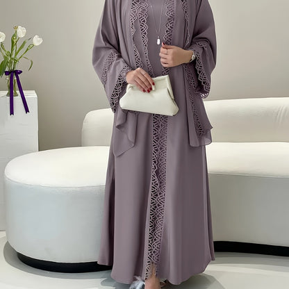 3pcs Elegant Muslim Women'S Abaya Set with Sleeveless Vest Skirt, Headscarf, and Belt - Black Lace Trim, Long Sleeve, Solid Color, All-Season Wear, Modest Fashion for Ramadan, Elegant Attire|Traditional Attire|Lace Trim Detai