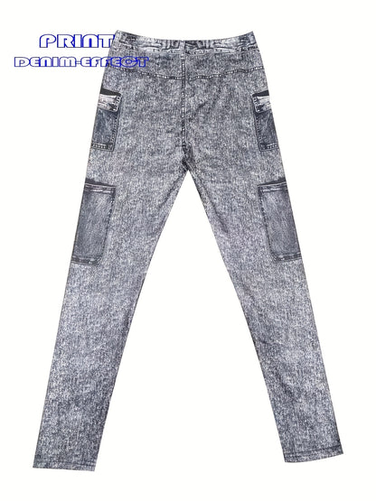 【imitation denim】[imitation Faux Denim][Faux Denim Print/Imitation Faux Denim] Women'S Non-Cow Faux Denim-Like Leggings - Stretchy Skinny Pants with Elastic Waistband, All-Season Tight Fit for Casual, Formal, Everyday Out
