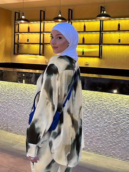 2pcs Women's Elegant Arabic-Inspired Abaya Set - Long Sleeve Shirt & Pants with White & Black Gradient Print, Structured Button-Up Outfit, Machine Washable All-Season Muslim Women's Clothing for Casual & Formal Events, Fancy