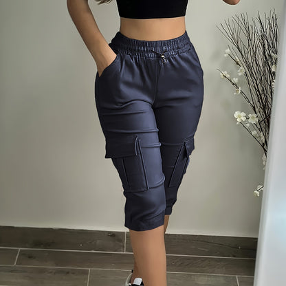 Women's Plus Size Cargo Capri Pants with Elastic Waistband & Side Pockets - Lightweight Polyester, Casual Spring/Summer Outdoor Wear, Beige, Capri Leggings