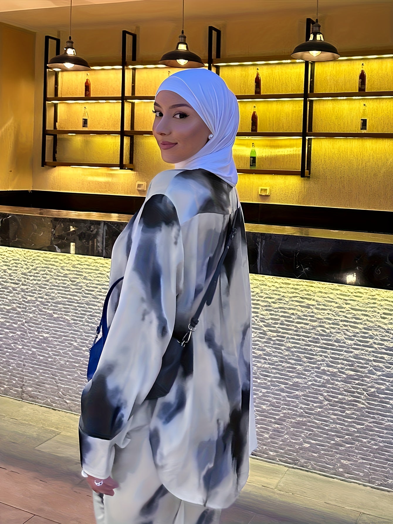 2pcs Women's Elegant Arabic-Inspired Abaya Set - Long Sleeve Shirt & Pants with White & Black Gradient Print, Structured Button-Up Outfit, Machine Washable All-Season Muslim Women's Clothing for Casual & Formal Events, Fancy