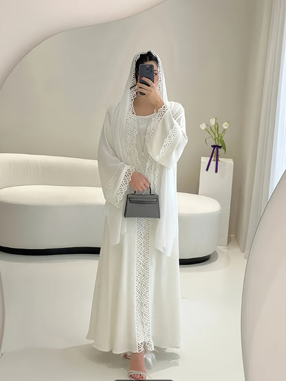 3pcs Elegant Muslim Women'S Abaya Set with Sleeveless Vest Skirt, Headscarf, and Belt - Black Lace Trim, Long Sleeve, Solid Color, All-Season Wear, Modest Fashion for Ramadan, Elegant Attire|Traditional Attire|Lace Trim Detai