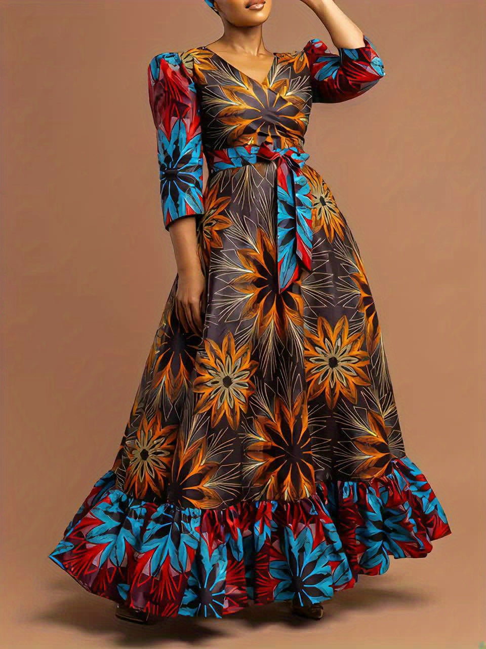 [Plus Size Floral Dress] Vibrant Plus Size Women's Floral Print Maxi Dress | Machine Washable, Fitted Long Sleeve, Front Bow Tie Waist | Spring/Fall, Ditsy Floral Print, Stylish Ruffle Detailing, Blue Red Yellow Orange Black