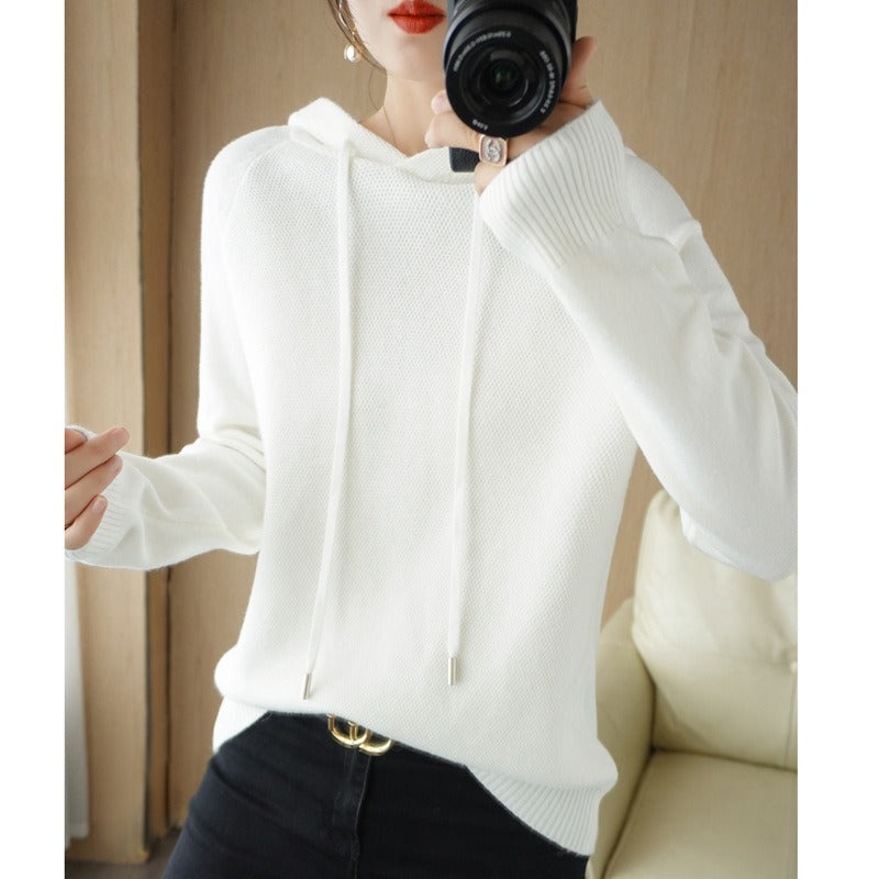 Autumn and Winter Women's Hooded Wool Knitwear Korean Version Loose Fashion Sweater Thickened Sweater Bottom Coat Top