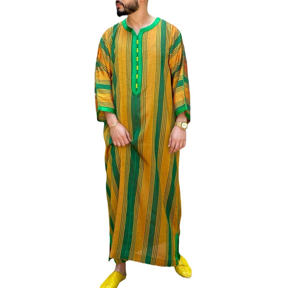 New hot selling Saudi Arabian ethnic style clothing with striped contrasting loose long sleeved men's robe