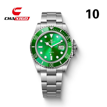 Swiss Brand CHAXIGO Men's Watch Green Submariner Style Waterproof Versatile Alloy Quartz Watch