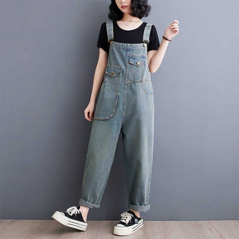 Spring Summer Vintage Jeans Jumpsuits Women Loose Wide Leg Rompers Womens Retro Long Denim Jumpsuit Ladies Front Pockets