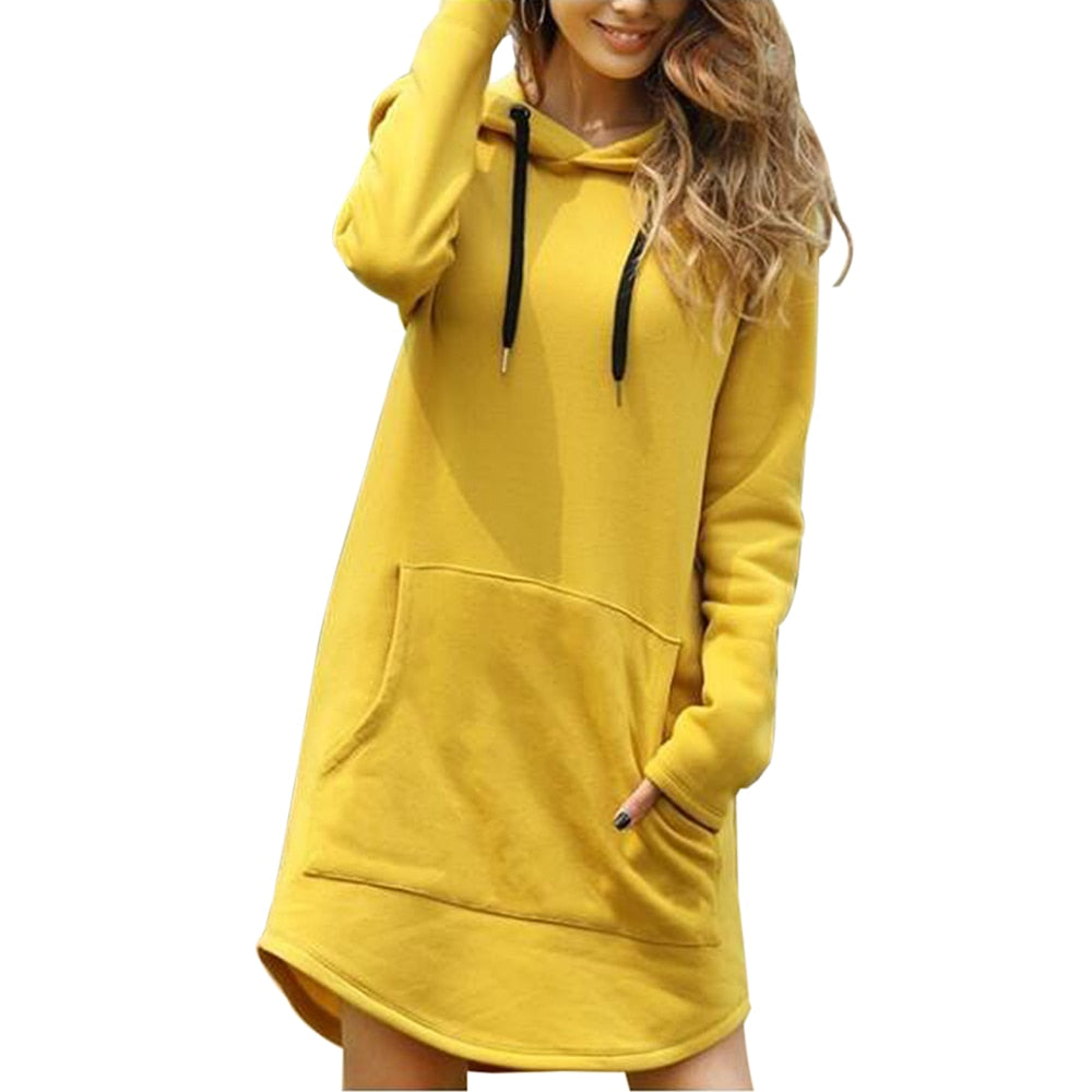 Vintage Women Spring Dress Hooded Long Sleeve Loose Casual 3XL Plus Size Dress Retro Ladies Pocket Tube Midi Dresses