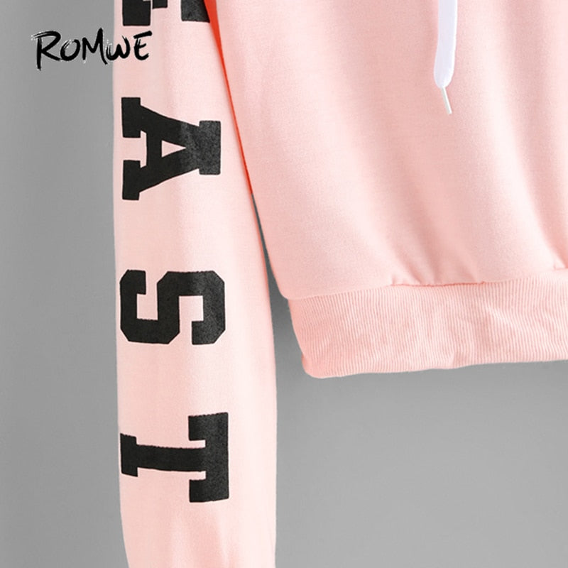 Pink Cropped Hoodies Drawstring Casual Women Letters Print Long Sleeve Hooded Sweatshirt Autumn Graphic Sweet Hoodies