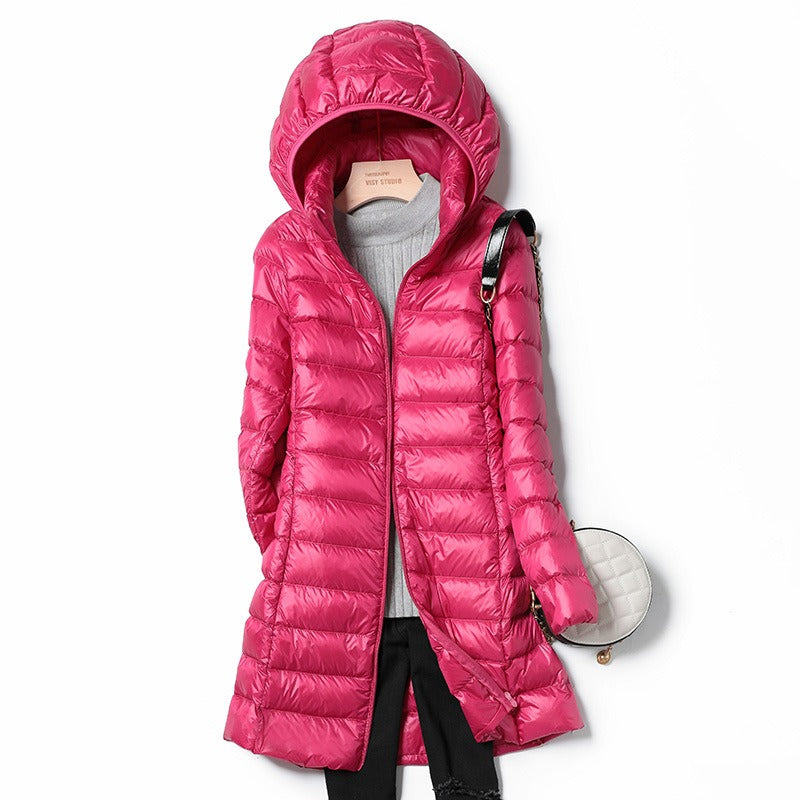 Lightweight and slim down jacket, women's mid length, hooded, oversized jacket with detachable hat