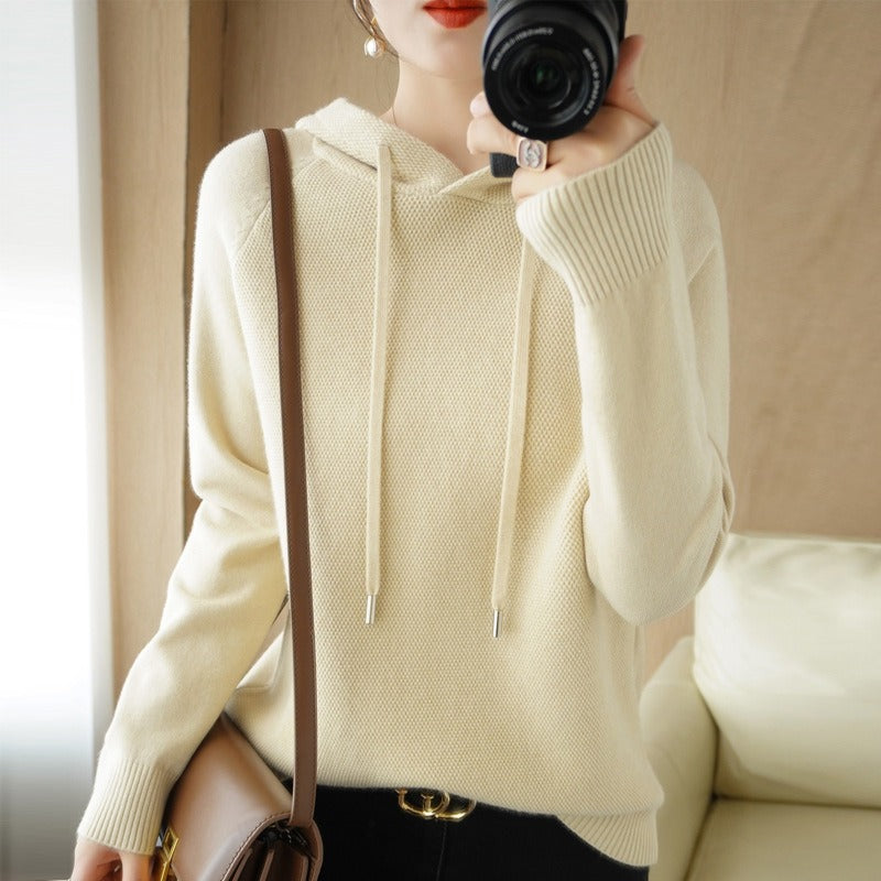 Autumn and Winter Women's Hooded Wool Knitwear Korean Version Loose Fashion Sweater Thickened Sweater Bottom Coat Top