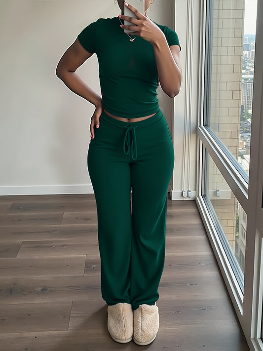 Women'S Two-Piece Set - Green Short Sleeve Top & Wide-Leg Pants with Drawstring Waist, Casual All-Season Outfit, Comfortable Home Wear, Casual Attire|Casual Style|Short Sleeve Top, Women Two Piece Set, Women Clothes, Women Ou