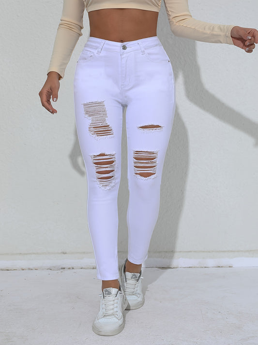 Ripped Skinny Fit Plain White Color Versatile Jeans Denim Pants, Women's Denim Jeans & Clothing