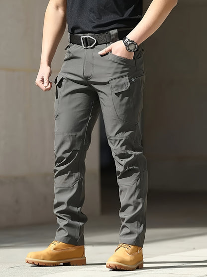 Men's Multi-Pocket Work Pants - Men's Outdoor Casual Tactical Trousers - 90.7% Polyester, 9.3% Spandex - Durable Fabric with Elastic Waist - Regular Fit, Machine Washable - Spring/Autumn Casual Attire Hiking Longs