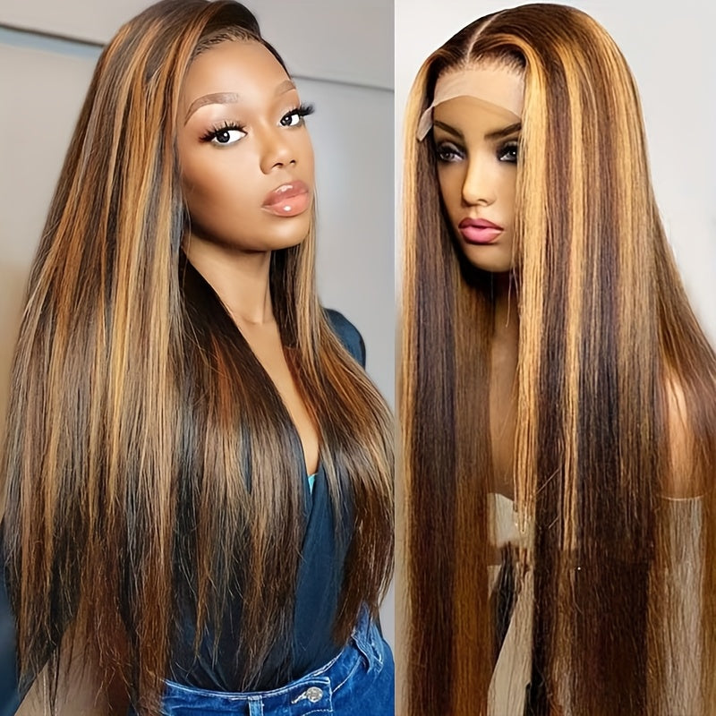 Ombre Straight Human Hair Wig 4/27 Blonde Ombre 13x4 Lace Front Pre-Plucked with Baby Hair 150% Density Piano Highlight Wig for, Versatile Hairpiece, Sophisticated Look