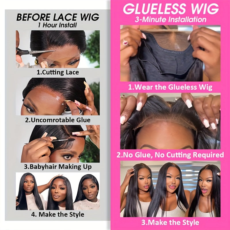 Glueless Wig - No Glue Needed, Pre Plucked & Cut Front, Natural Black Human Hair Lace Front Wig, 150% Density for, Everyday & Special Events, Event Hairpiece, Sleek Straight Style