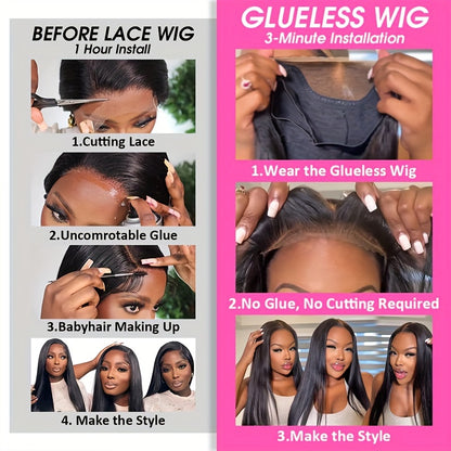 Glueless Wig - No Glue Needed, Pre Plucked & Cut Front, Natural Black Human Hair Lace Front Wig, 150% Density for, Everyday & Special Events, Event Hairpiece, Sleek Straight Style