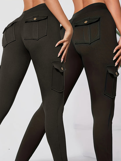 2pcs Women'S Cargo Leggings with Side Pockets - Olive Green & Black, Elastic Waistband, Mid-Rise, Stretchy Polyester Blend, Perfect for Outdoor & Casual Wear, Spring/Summer Collection, Versatile Clothing | Side Pocket Legging