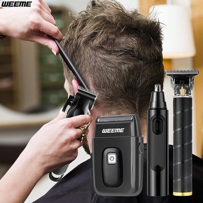WEEME 4pcs Men'S Facial Grooming Kit: USB Fast Charging Electric Hair Clipper + T-Blade Trimmer + Shaver + Nose Hair Clipper for Shaving, Nose Hair Trimming, Carving Styling - LCD Battery Display - Perfect Gift for Father'S D
