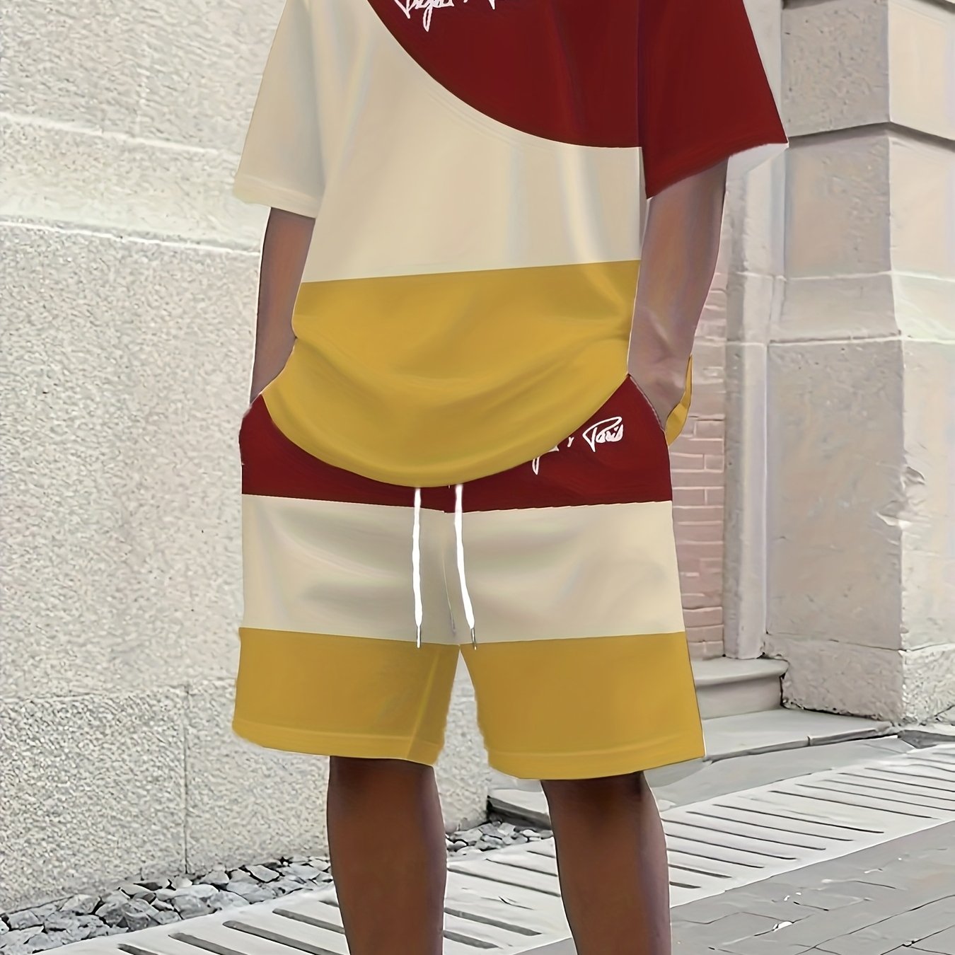 1 set of 2pcs 3D letter print stylish three-color Men's summer fresh T-shirt and shorts set, made from stretchy polyester knit fabric, regular fit, suitable for outdoor activities and family gatherings