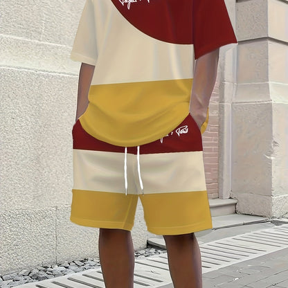 1 set of 2pcs 3D letter print stylish three-color Men's summer fresh T-shirt and shorts set, made from stretchy polyester knit fabric, regular fit, suitable for outdoor activities and family gatherings