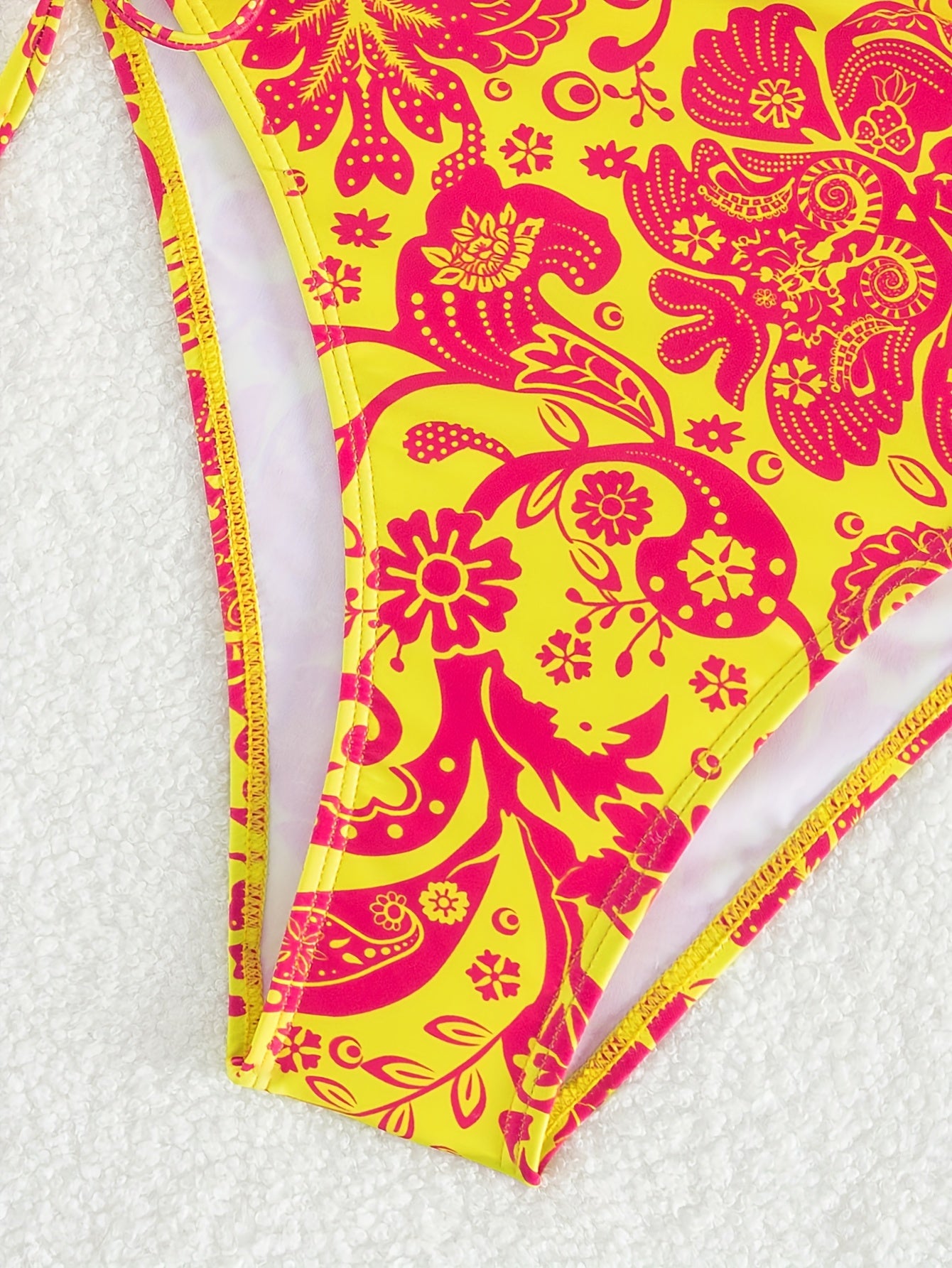 1pc Women'S Floral Print One-Piece Swimsuit with Drawstring Side - Vibrant Yellow & Pink Floral Design, High-Stretch Fabric, Perfect for Beach & Poolside, Beach Swimwear | Floral Swimwear | Highelasticity Fabric