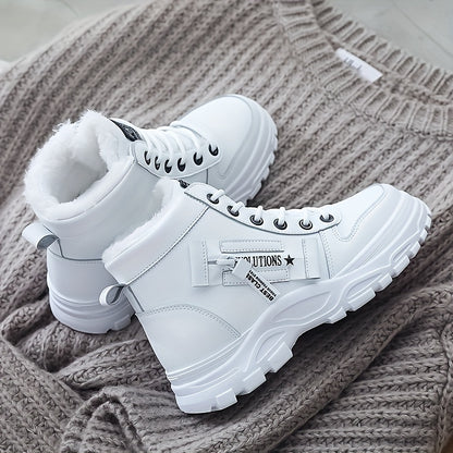 Women'S K2001 High-Top Winter Boots - Stylish White Lace-Up with Faux Fur Lining, Waterproof PVC Sole, Casual All-Season Footwear, Casual Winter Boots|Faux Fur Lined Boots|Laceup Boots