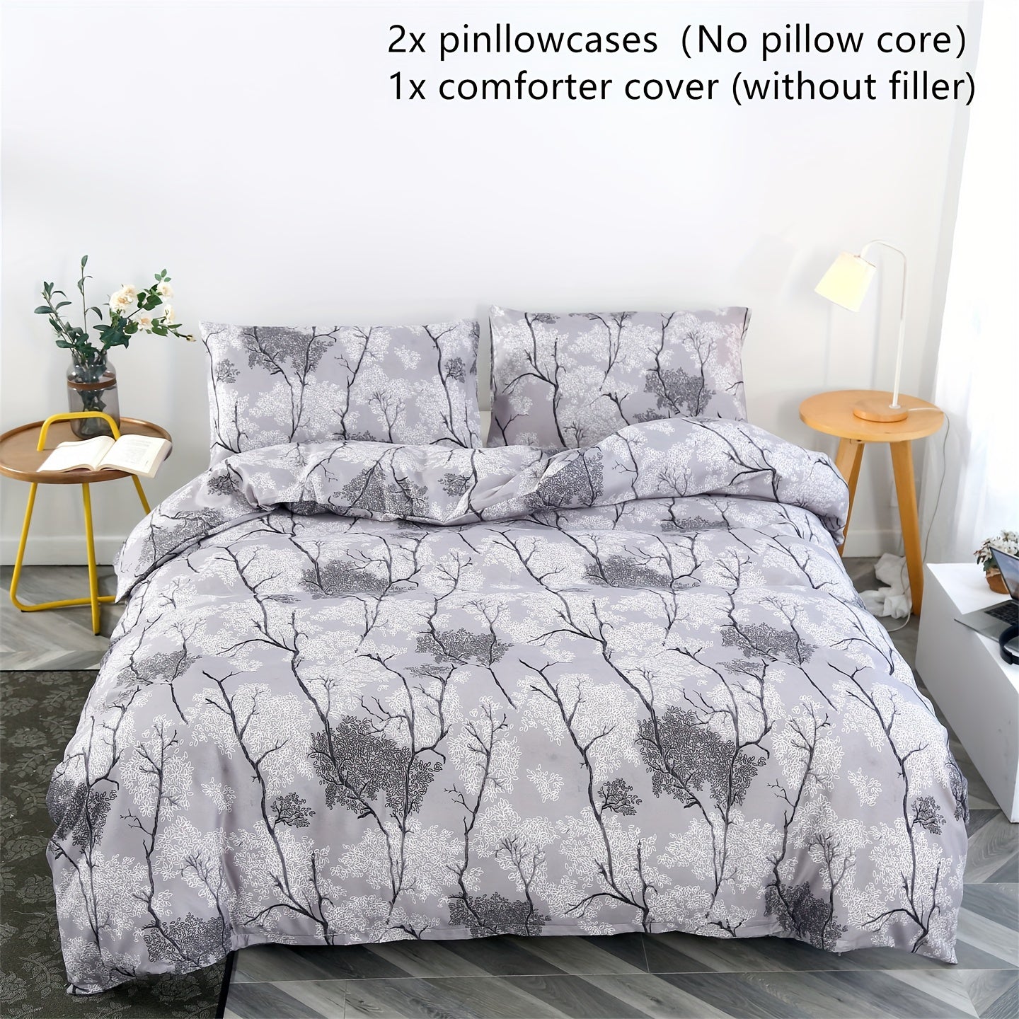 3pcs Botanical Floral Print Silver Gray Theme Bedding Set, Suitable for Bedroom, Guest Room, One Duvet Cover + Two Pillowcases, No Insert